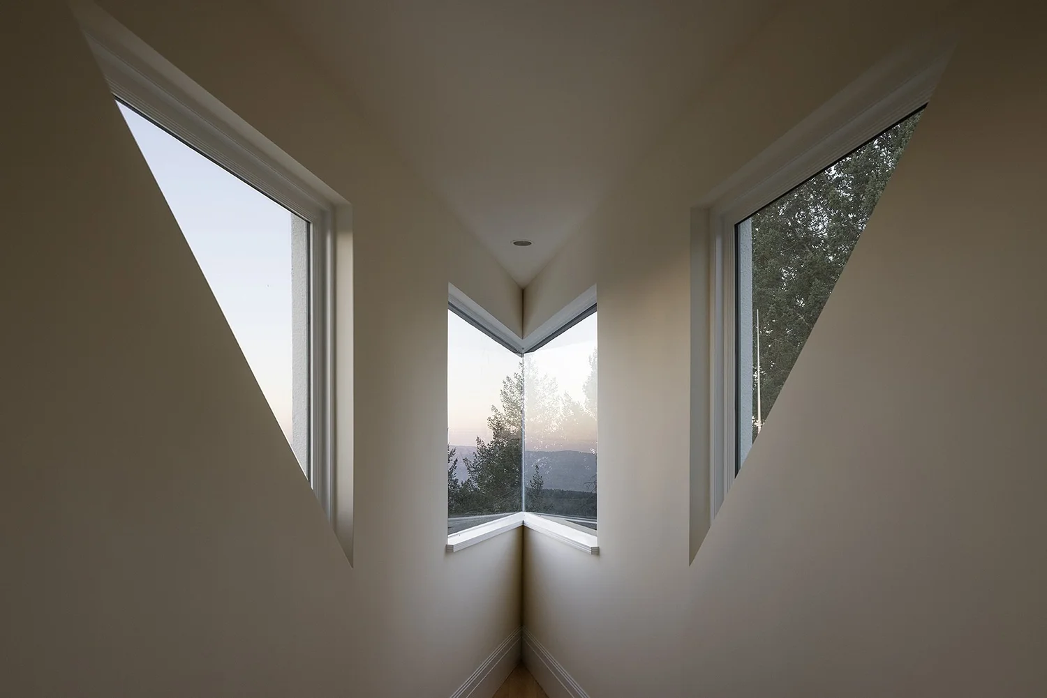 Architectural corner window framing trees and sunset light