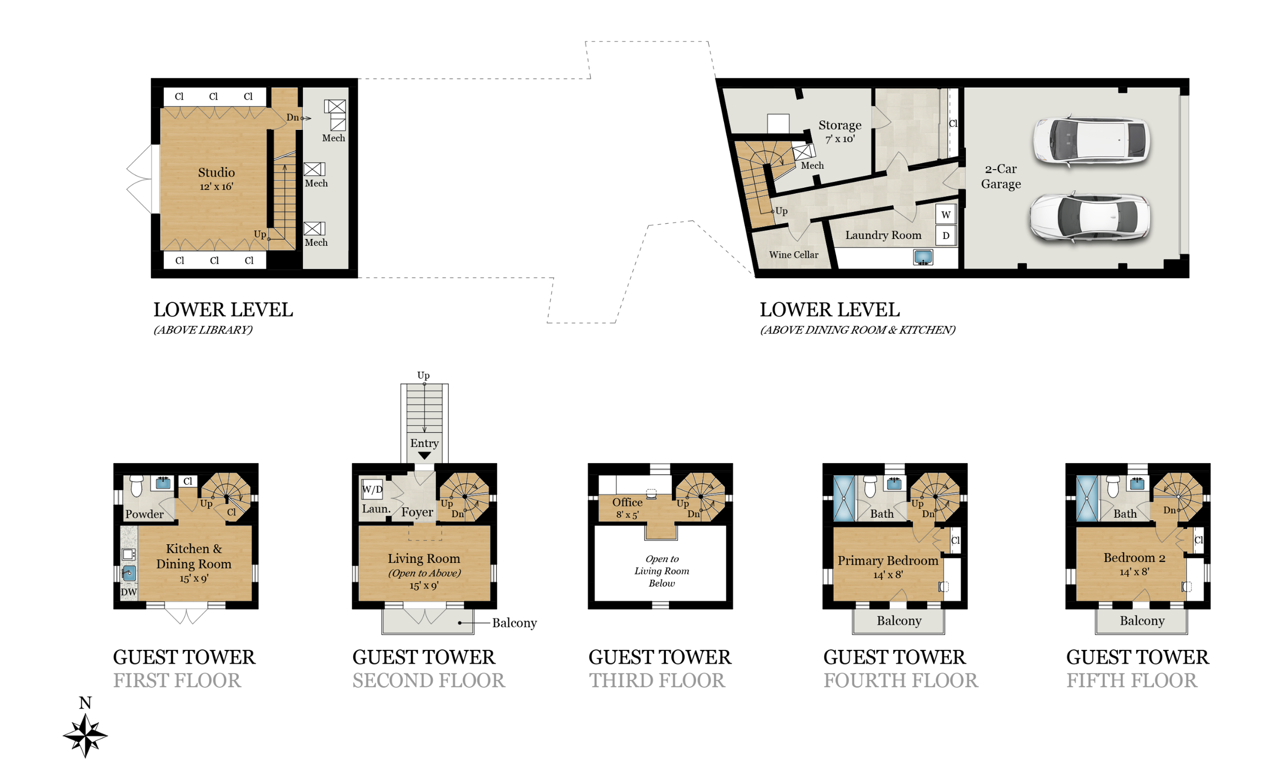 Floor plan showing lower levels, garage, studio, and guest tower floors