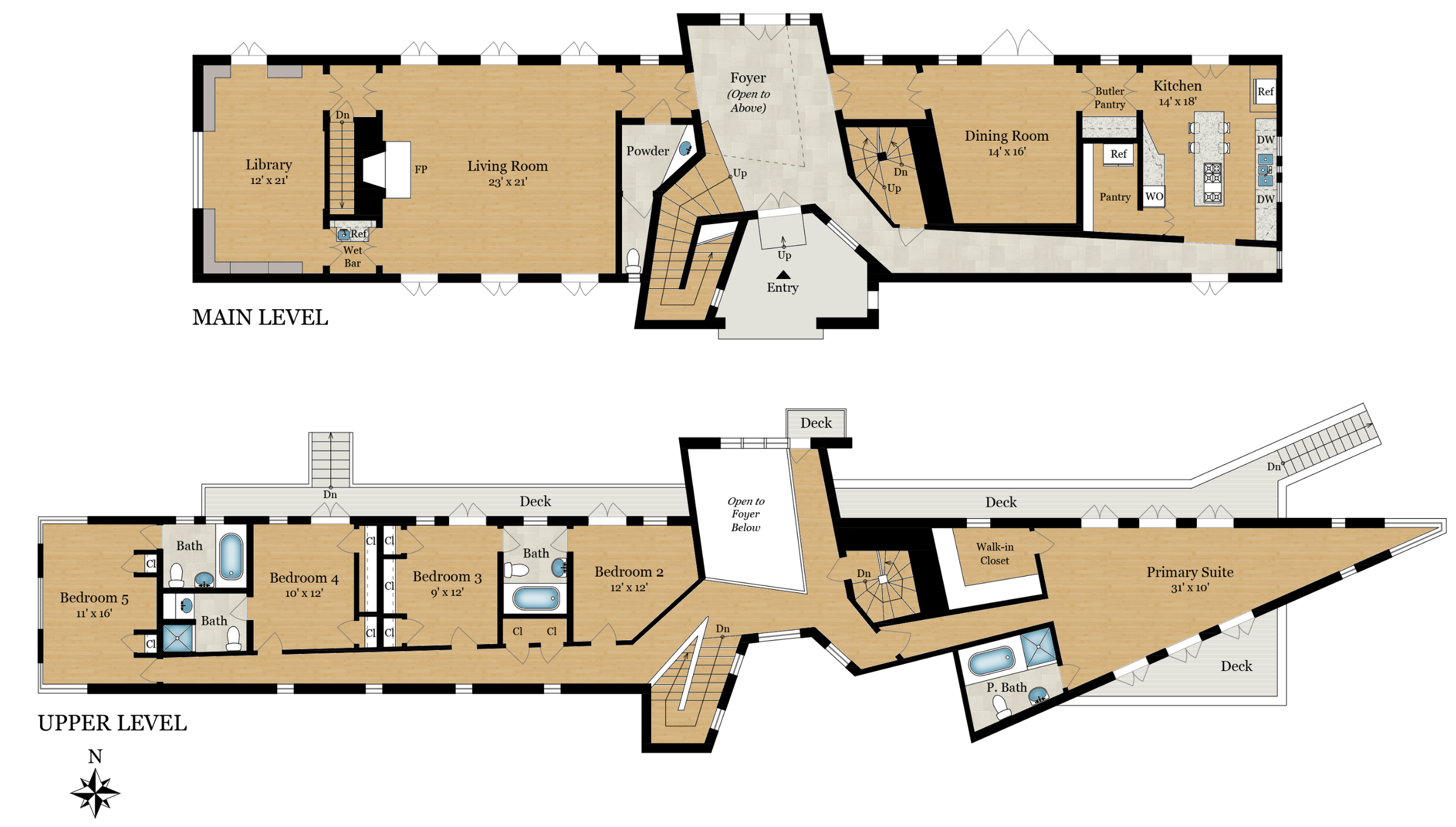 Floor plan showing main level and upper level rooms, decks, kitchen, library, bedrooms, and primary suite