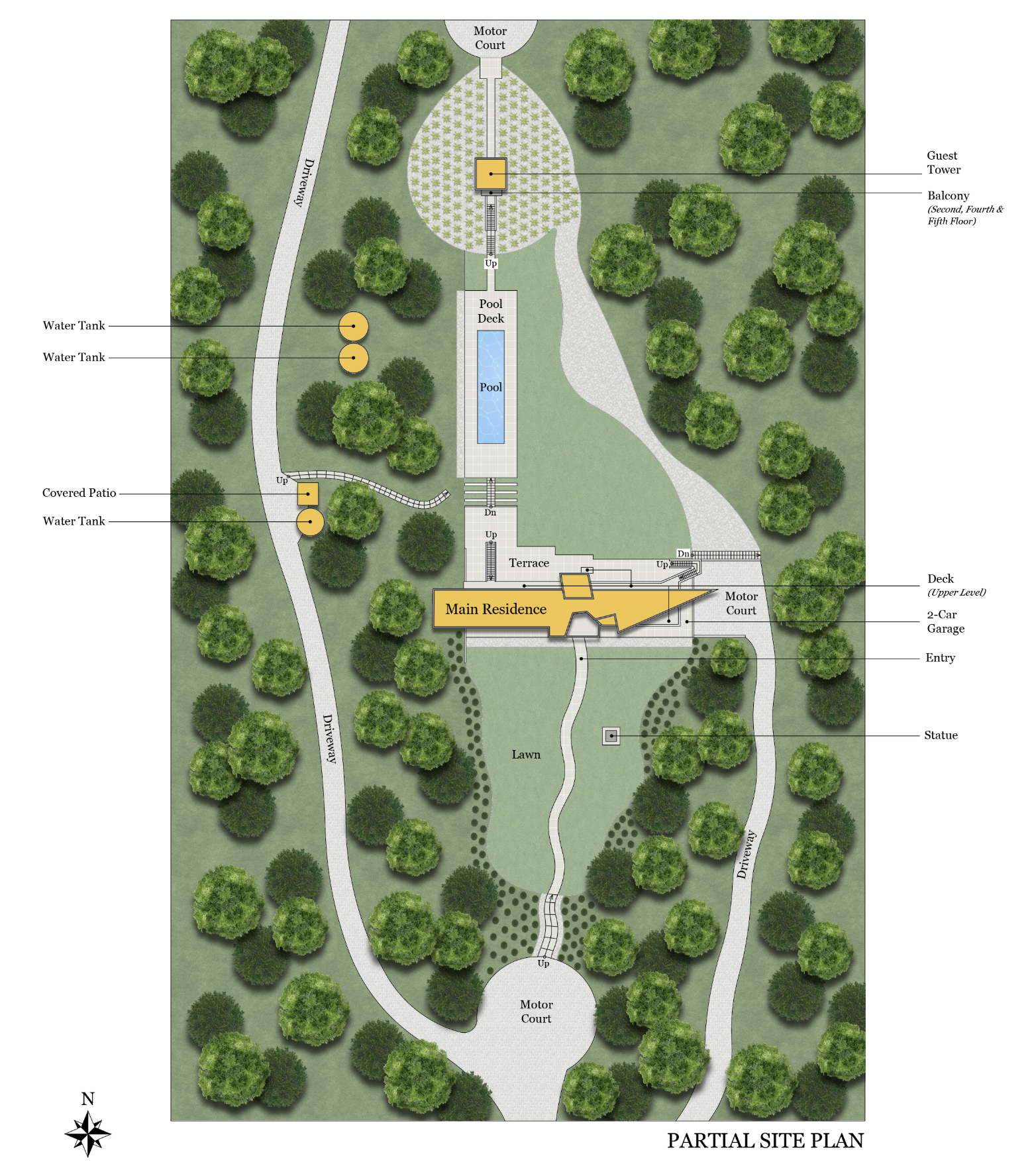 Partial site plan showing main residence, pool deck, driveway, guest tower, and grounds
